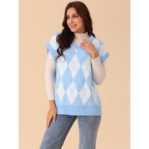 Contrast Color Vest Sleeveless Knit Loose Pullover Sweater Tops Blue - Picture 3 of 5
